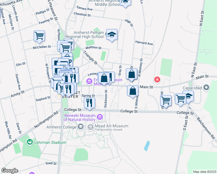 map of restaurants, bars, coffee shops, grocery stores, and more near 24 Dickinson Street in Amherst