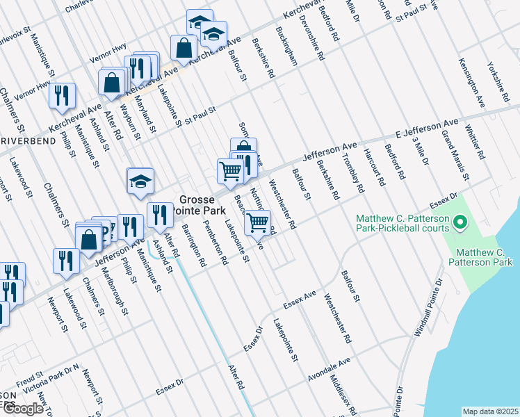 map of restaurants, bars, coffee shops, grocery stores, and more near 935 Nottingham Road in Grosse Pointe Park