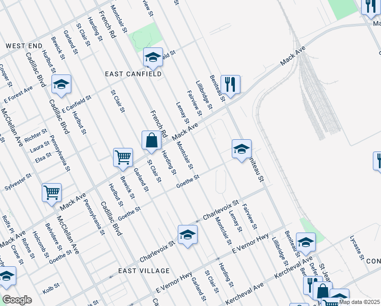 map of restaurants, bars, coffee shops, grocery stores, and more near 3463 Montclair Street in Detroit