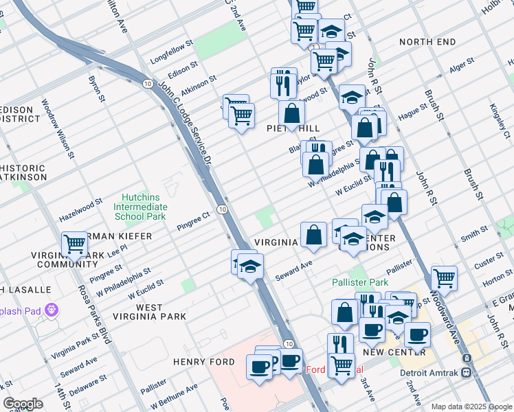 map of restaurants, bars, coffee shops, grocery stores, and more near 848 West Euclid Street in Detroit