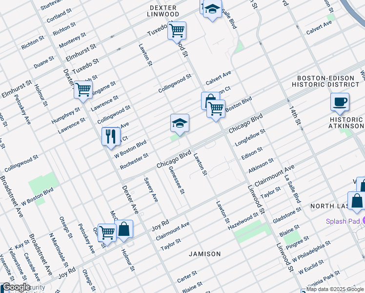 map of restaurants, bars, coffee shops, grocery stores, and more near 2966 Chicago Boulevard in Detroit