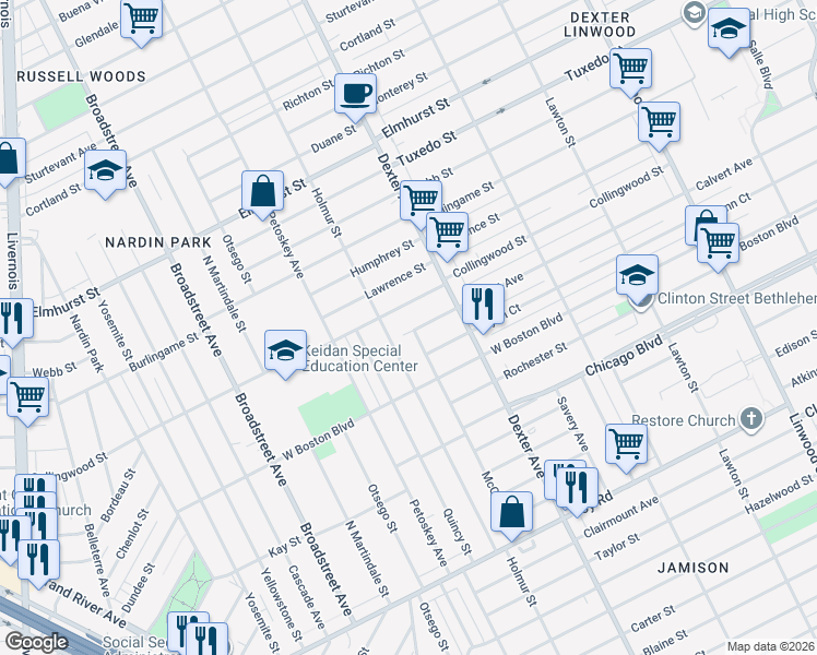 map of restaurants, bars, coffee shops, grocery stores, and more near 9968 Holmur Street in Detroit
