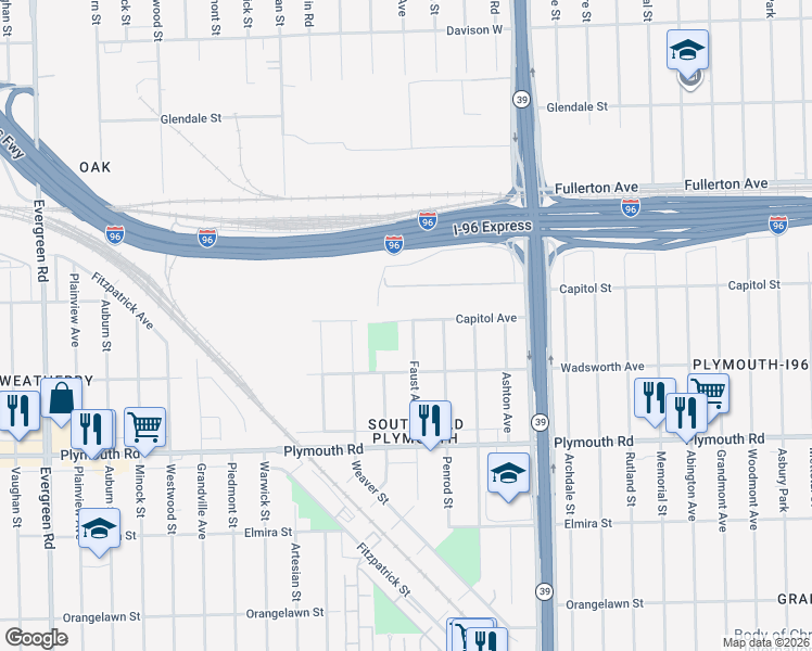 map of restaurants, bars, coffee shops, grocery stores, and more near 12038 Faust Avenue in Detroit