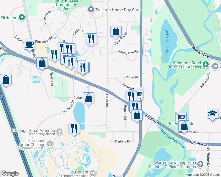 map of restaurants, bars, coffee shops, grocery stores, and more near 1011 Fuller Road in Gurnee