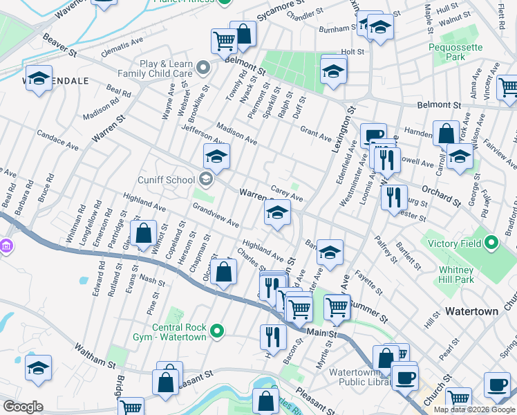 map of restaurants, bars, coffee shops, grocery stores, and more near 23 Desmond Avenue in Watertown