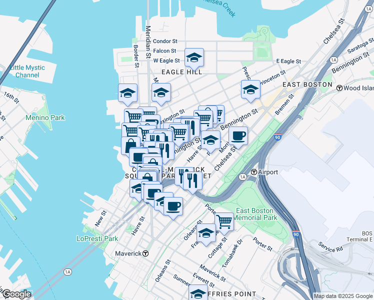 map of restaurants, bars, coffee shops, grocery stores, and more near 227 Havre Street in Boston