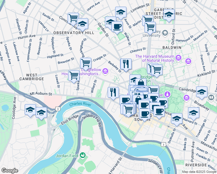 map of restaurants, bars, coffee shops, grocery stores, and more near 15 Hawthorn Street in Cambridge