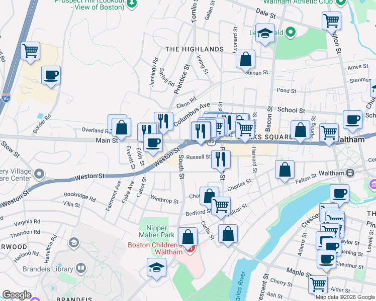 map of restaurants, bars, coffee shops, grocery stores, and more near 166 Russell Street in Waltham