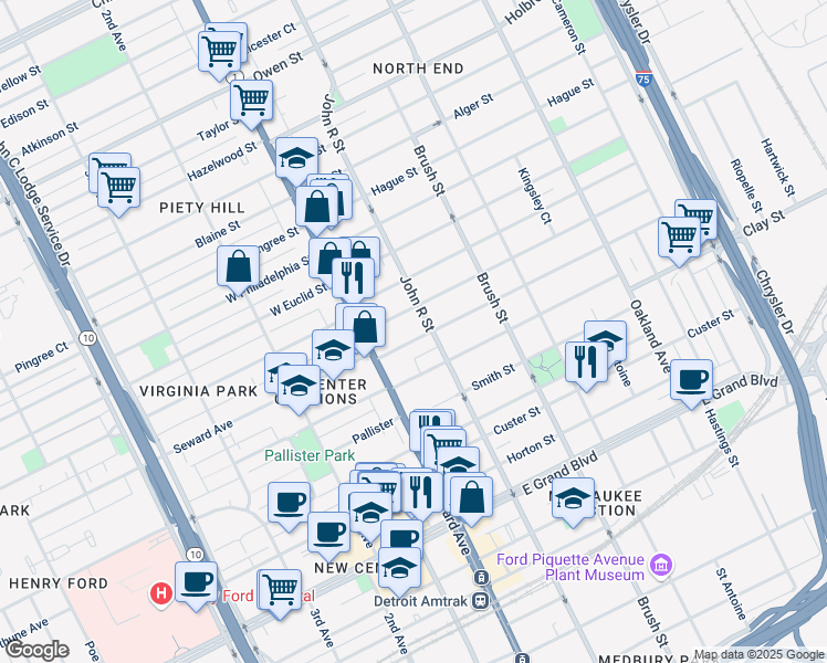 map of restaurants, bars, coffee shops, grocery stores, and more near 81 Chandler Street in Detroit