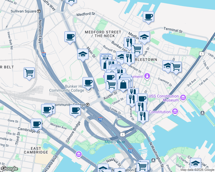 map of restaurants, bars, coffee shops, grocery stores, and more near West School Street in Boston
