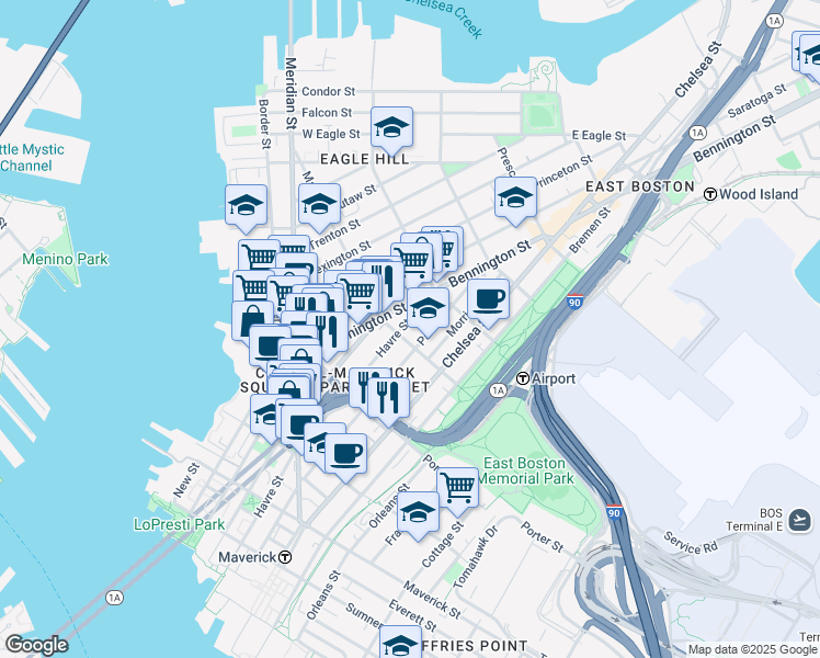 map of restaurants, bars, coffee shops, grocery stores, and more near 261 Havre Street in Boston