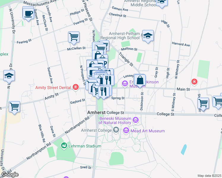 map of restaurants, bars, coffee shops, grocery stores, and more near 100 Main Street in Amherst