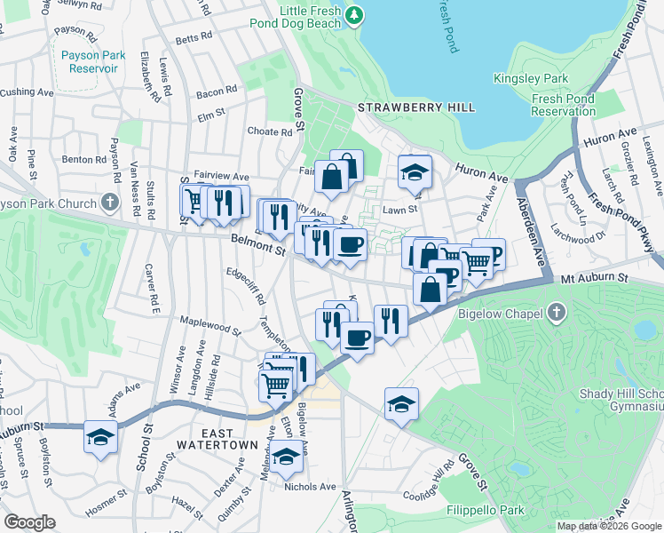 map of restaurants, bars, coffee shops, grocery stores, and more near 153 Belmont Street in Belmont