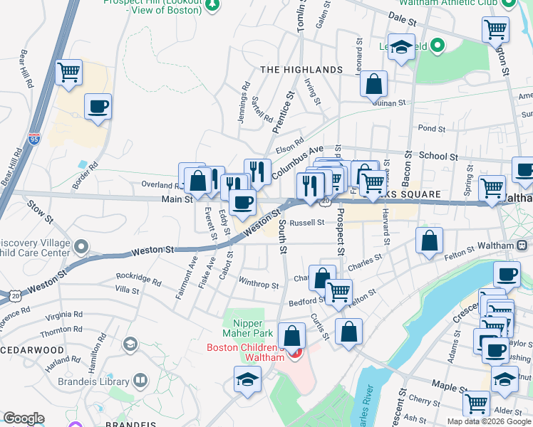 map of restaurants, bars, coffee shops, grocery stores, and more near 48 U.S. 20 in Waltham