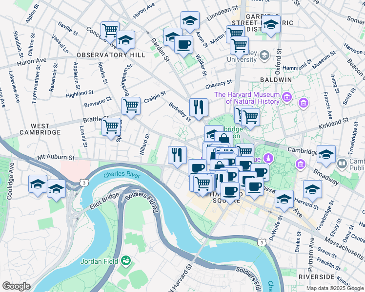 map of restaurants, bars, coffee shops, grocery stores, and more near 90 Brattle Street in Cambridge