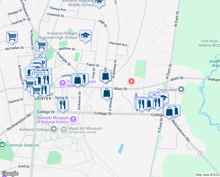 map of restaurants, bars, coffee shops, grocery stores, and more near Main Street in Amherst