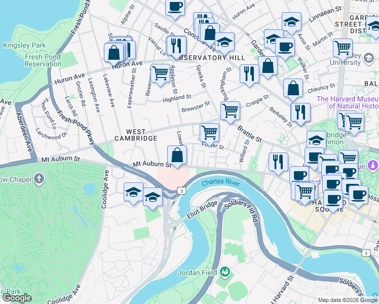 map of restaurants, bars, coffee shops, grocery stores, and more near 25 Lowell Street in Cambridge