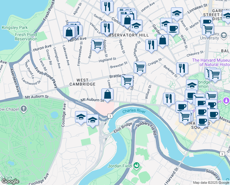 map of restaurants, bars, coffee shops, grocery stores, and more near 26 Hubbard Park Road in Cambridge