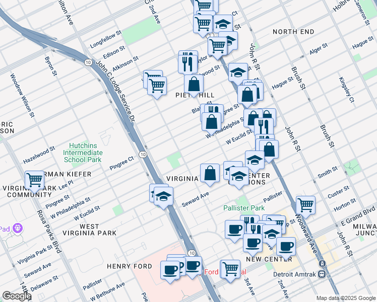 map of restaurants, bars, coffee shops, grocery stores, and more near 710 West Philadelphia Street in Detroit