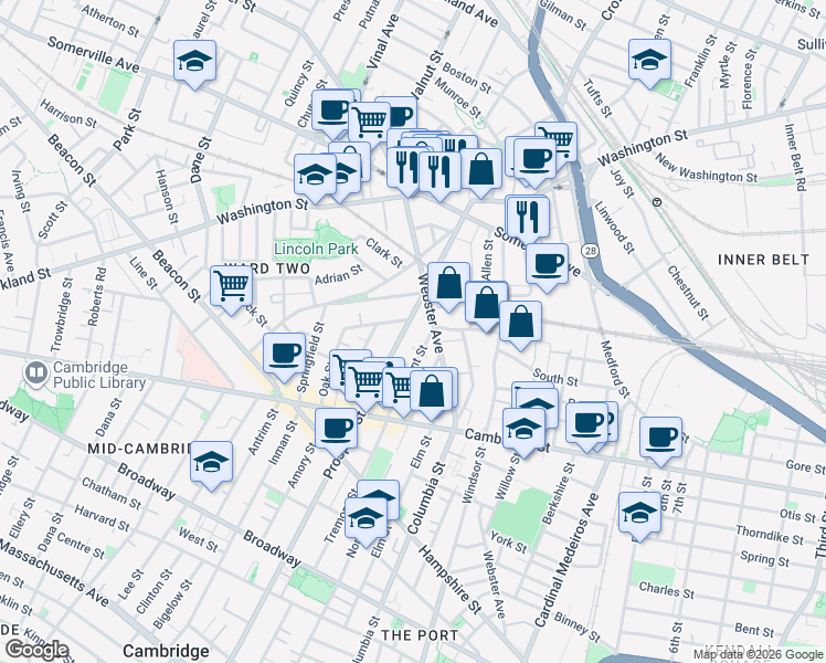 map of restaurants, bars, coffee shops, grocery stores, and more near 88 Prospect Street in Somerville