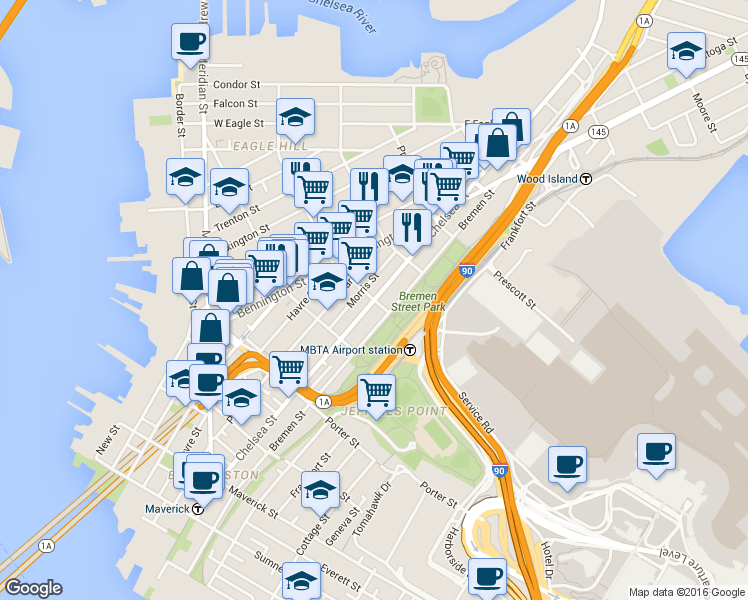 map of restaurants, bars, coffee shops, grocery stores, and more near Chelsea St & Brooks St in Boston