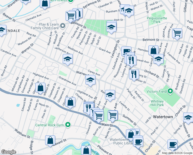 map of restaurants, bars, coffee shops, grocery stores, and more near 39 Carey Avenue in Watertown