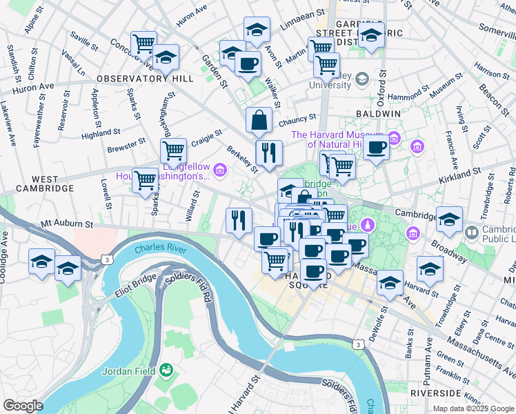 map of restaurants, bars, coffee shops, grocery stores, and more near 86 Brattle Street in Cambridge