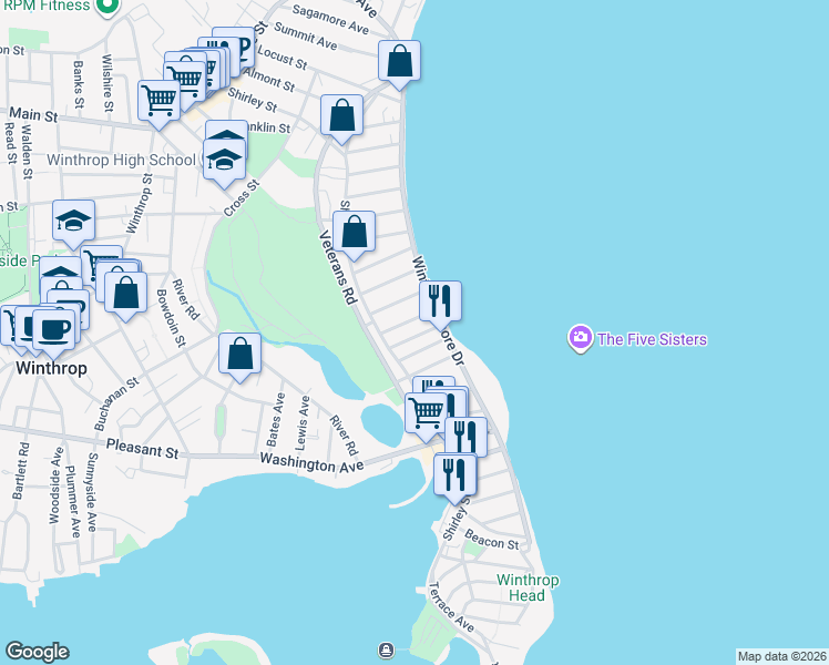 map of restaurants, bars, coffee shops, grocery stores, and more near 35 Pearl Avenue in Winthrop