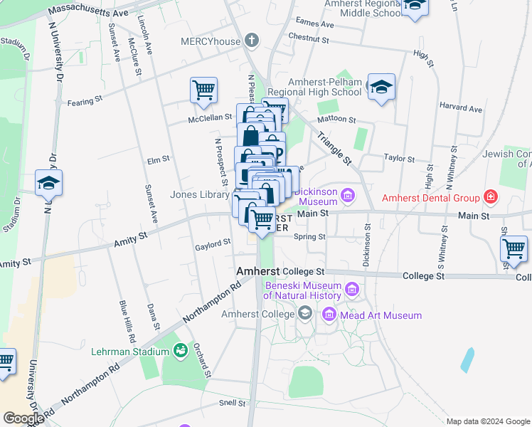 map of restaurants, bars, coffee shops, grocery stores, and more near 47 Boltwood Walk in Amherst