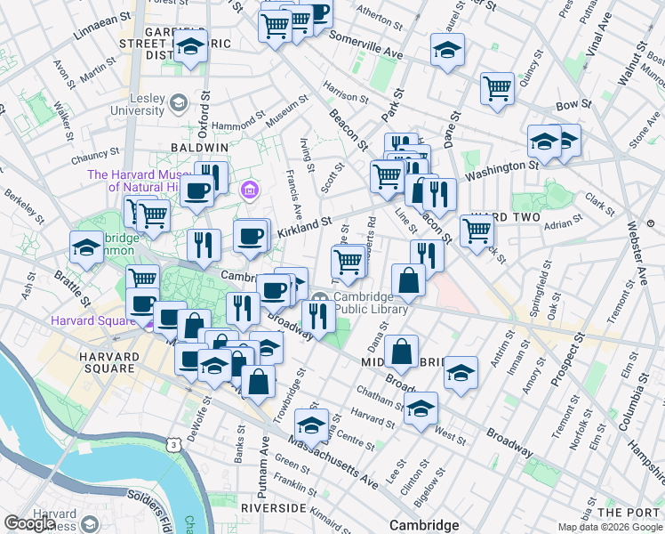 map of restaurants, bars, coffee shops, grocery stores, and more near 40 Irving Street in Cambridge