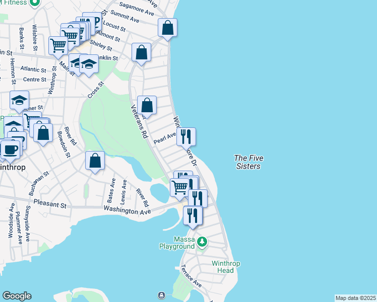map of restaurants, bars, coffee shops, grocery stores, and more near 132 Winthrop Shore Drive in Winthrop
