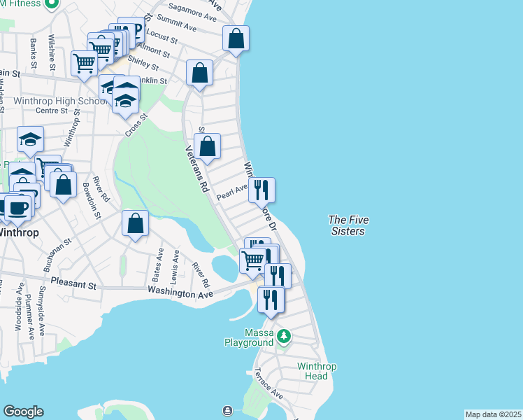 map of restaurants, bars, coffee shops, grocery stores, and more near 132 Winthrop Shore Drive in Winthrop