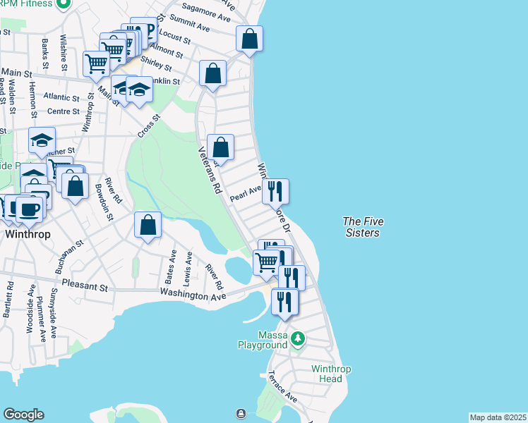 map of restaurants, bars, coffee shops, grocery stores, and more near 35 Pearl Avenue in Winthrop