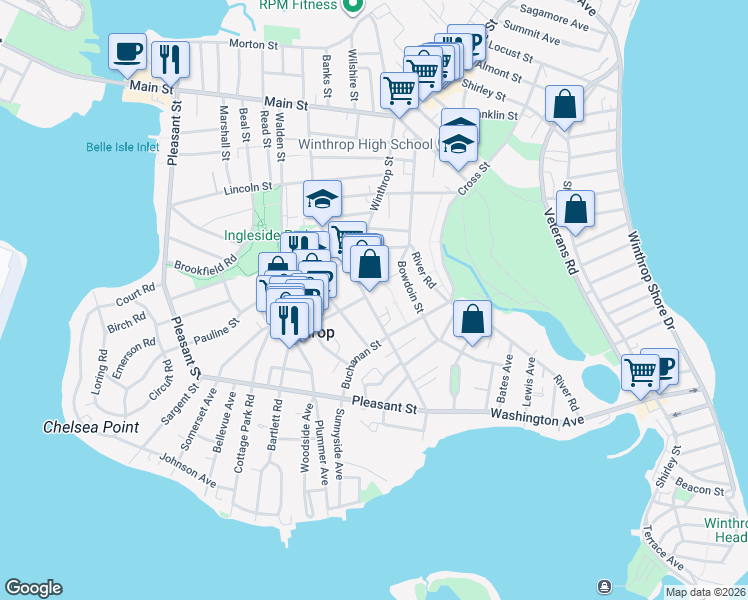 map of restaurants, bars, coffee shops, grocery stores, and more near 20 Madison Avenue in Winthrop
