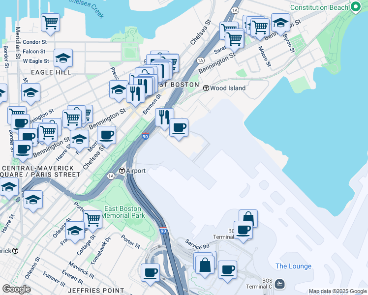 map of restaurants, bars, coffee shops, grocery stores, and more near 4 Prescott Street in Boston