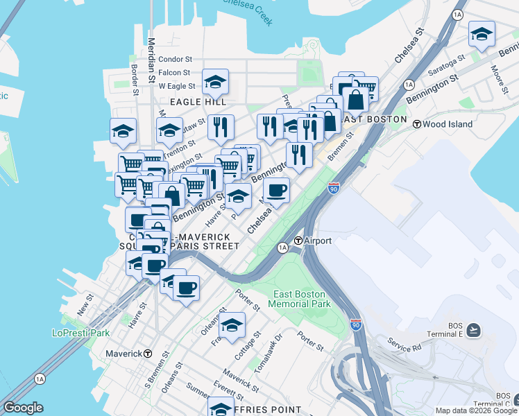 map of restaurants, bars, coffee shops, grocery stores, and more near 303 Paris Street in Boston