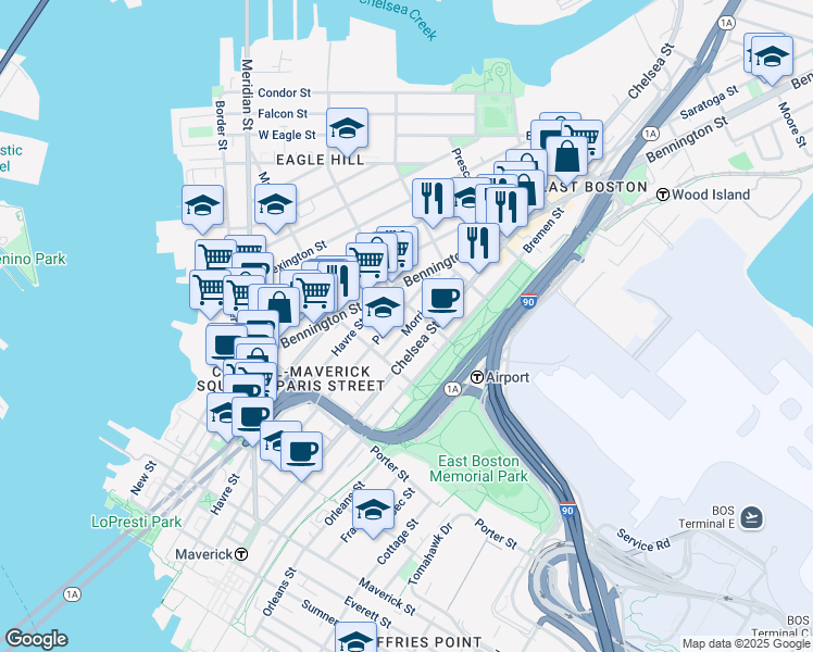 map of restaurants, bars, coffee shops, grocery stores, and more near 303 Paris Street in Boston