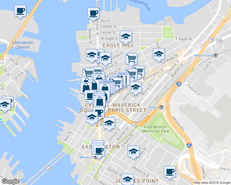 map of restaurants, bars, coffee shops, grocery stores, and more near 56 Saratoga Street in Boston