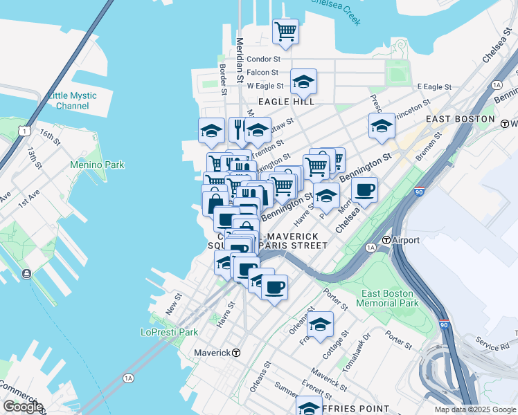 map of restaurants, bars, coffee shops, grocery stores, and more near 13 Princeton Street in Boston