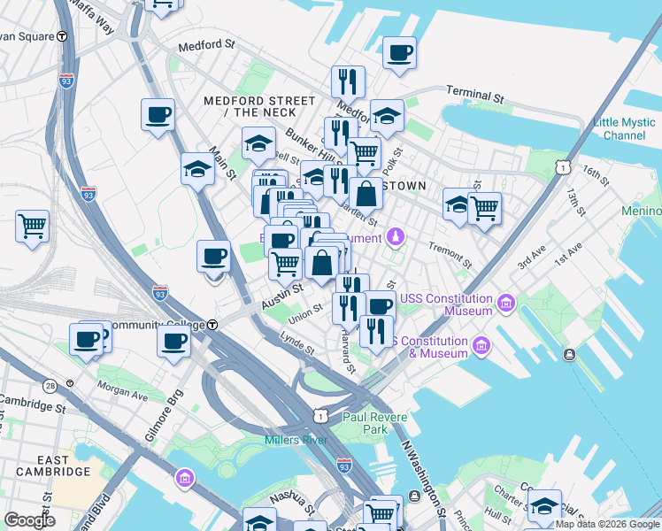 map of restaurants, bars, coffee shops, grocery stores, and more near 27 Wood Street in Boston