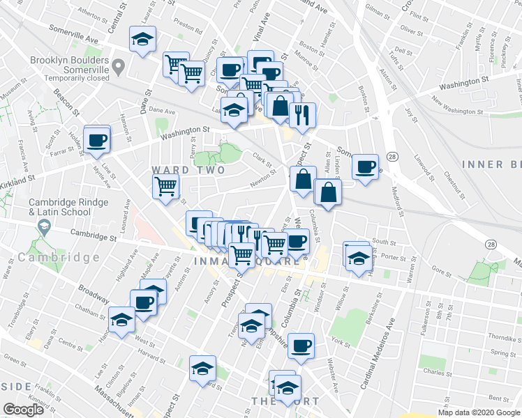 map of restaurants, bars, coffee shops, grocery stores, and more near 22 Concord Avenue in Somerville