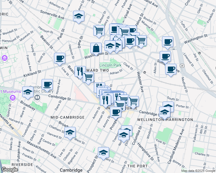 map of restaurants, bars, coffee shops, grocery stores, and more near 68 Concord Avenue in Somerville