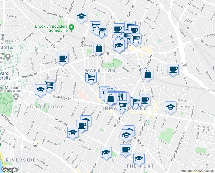 map of restaurants, bars, coffee shops, grocery stores, and more near 68 Concord Avenue in Somerville
