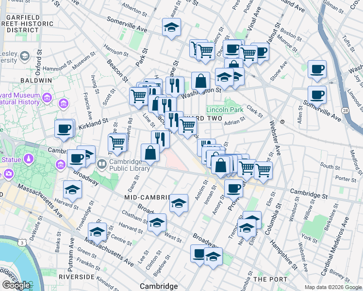 map of restaurants, bars, coffee shops, grocery stores, and more near 15 Buckingham Street in Somerville