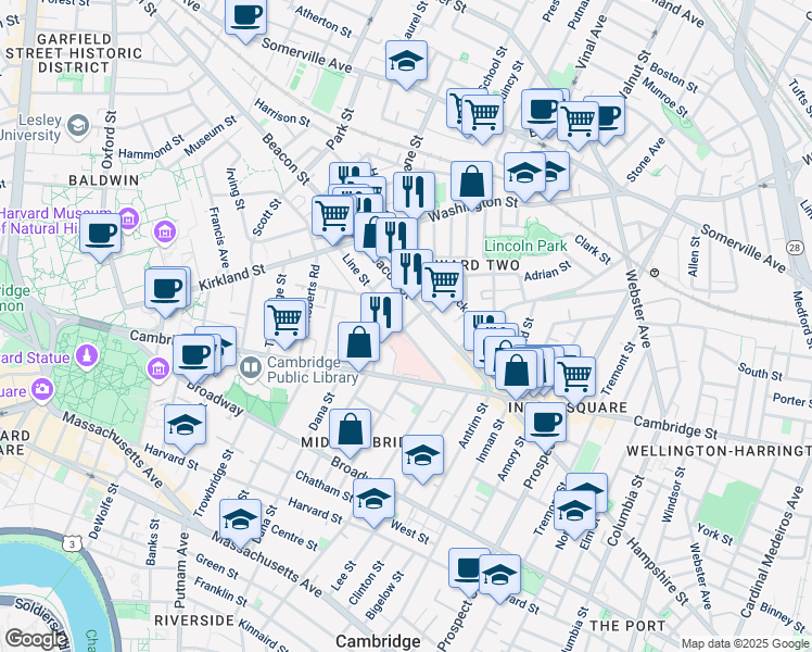 map of restaurants, bars, coffee shops, grocery stores, and more near 76 Beacon Street in Somerville