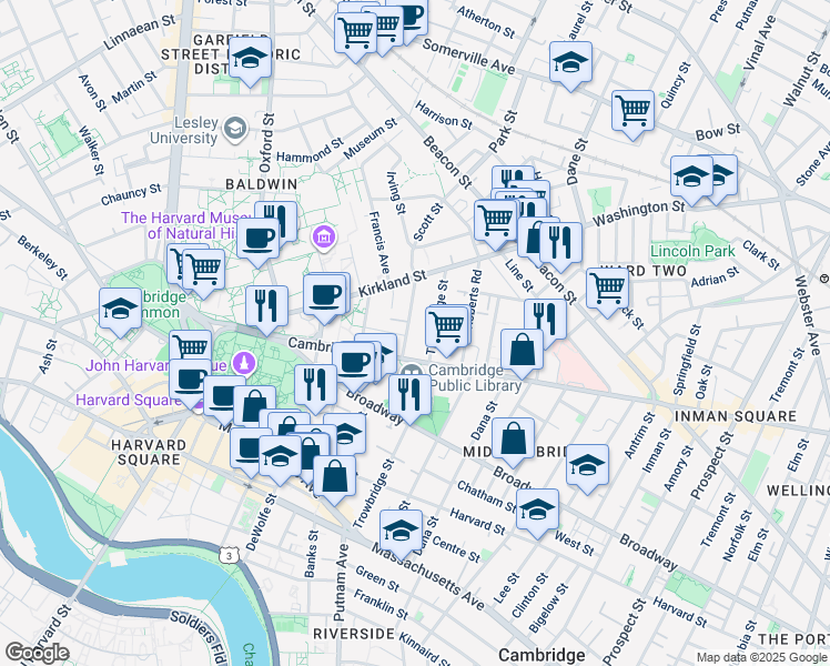 map of restaurants, bars, coffee shops, grocery stores, and more near 40 Irving Street in Cambridge