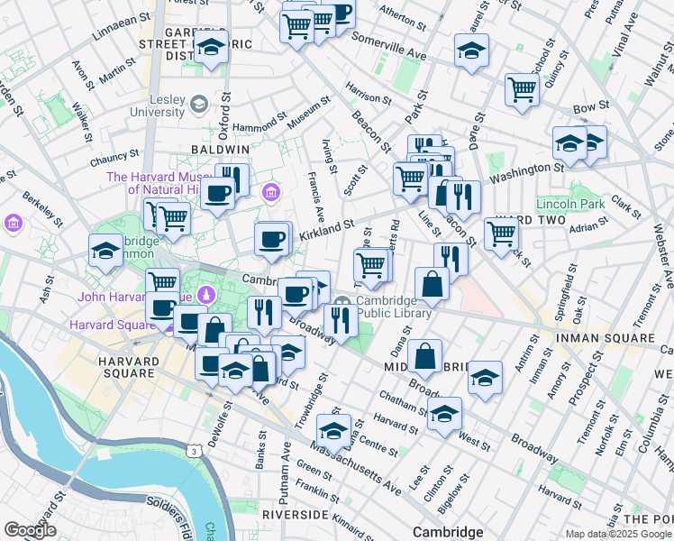 map of restaurants, bars, coffee shops, grocery stores, and more near 40 Irving Street in Cambridge