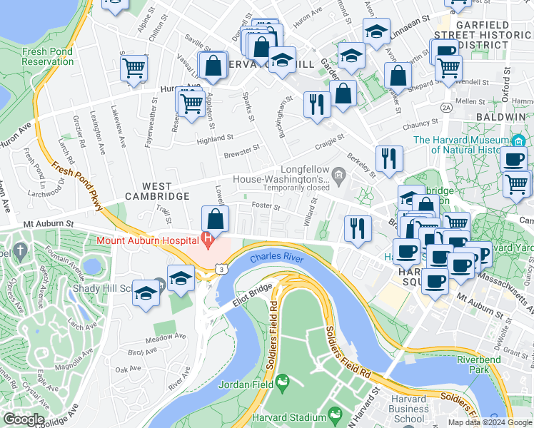 map of restaurants, bars, coffee shops, grocery stores, and more near 5 Mercer Circle in Cambridge