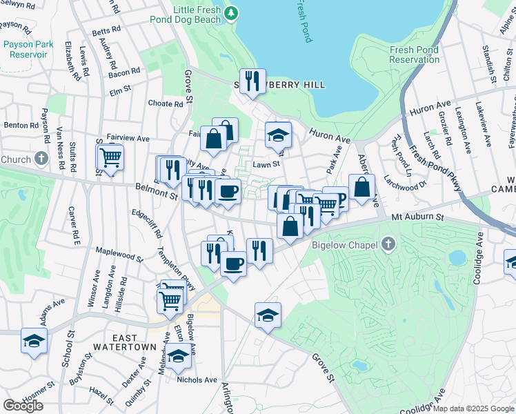 map of restaurants, bars, coffee shops, grocery stores, and more near 55 Thingvalla Avenue in Cambridge