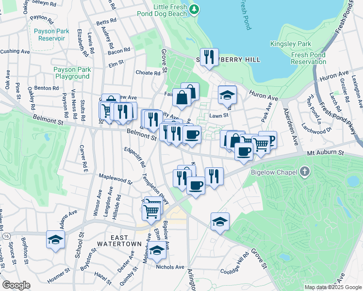 map of restaurants, bars, coffee shops, grocery stores, and more near 15 Marlboro Street in Belmont